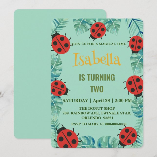 Cute red Polka dot Ladybug Jungle Leave Birthday  Invitation (Front/Back)