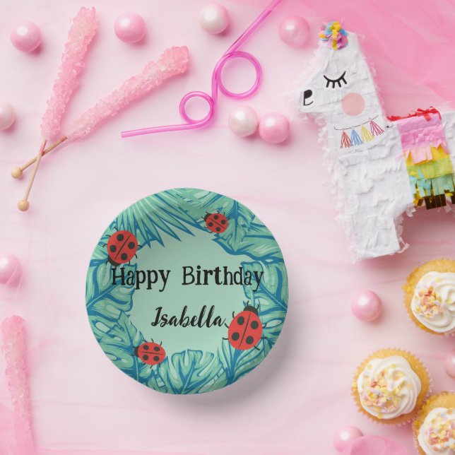 Cute red Polka dot Ladybug Jungle Leave Birthday  Paper Plate (Party)