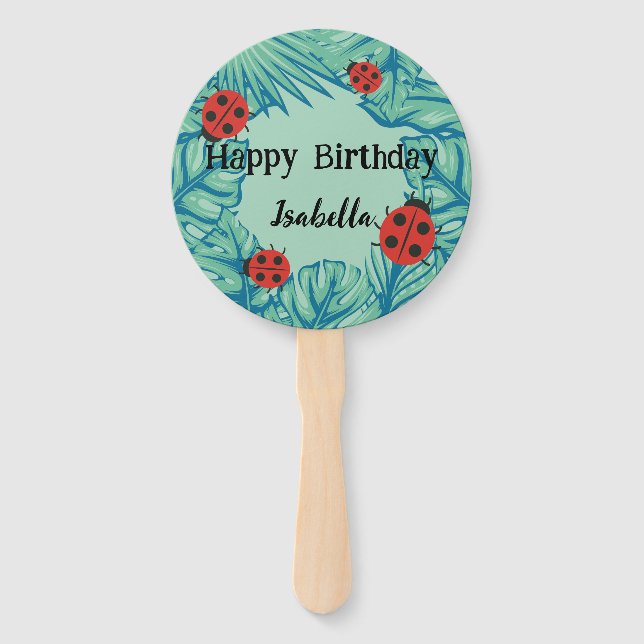 Cute red Polka dot Ladybug Jungle Leaves Birthday  Hand Fan (Front)