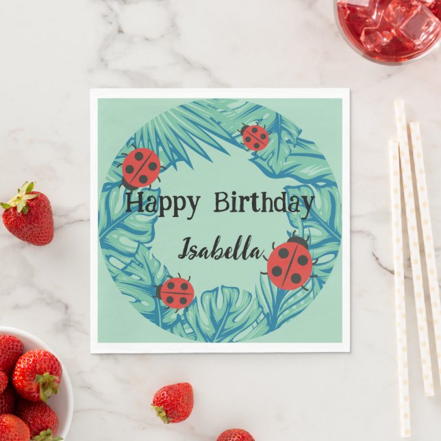 Cute red Polka dot Ladybug Jungle Leaves Birthday  Napkin (Insitu)