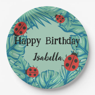 Cute red Polka dot Ladybug Jungle Leaves Birthday Paper Plate