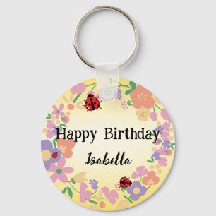 Cute red Polka dot Ladybug Spring Flower Birthday  Key Ring