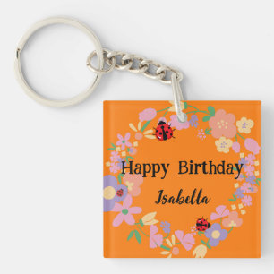 Cute red Polka dot Ladybug Spring Flower Birthday Key Ring