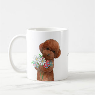 Cute Red Poodle doodle Puppy Flower Custom Name Coffee Mug