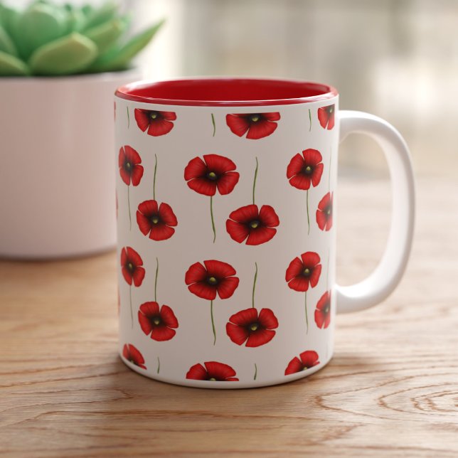Cute Red Poppy Flower Pattern Floral Coffee Mug (Love poppies and coffee mugs?    This is the poppy coffee mug just for you!)