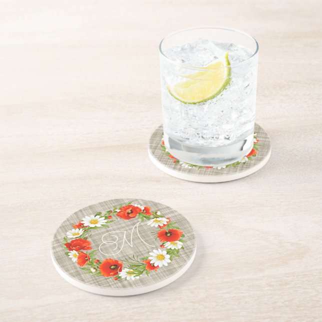 Cute Red Poppy White Yellow Daisy Flowers Wreath Coaster (Side)