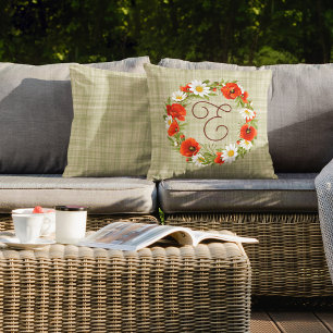 Cute Red Poppy White Yellow Daisy Flowers Wreath Cushion