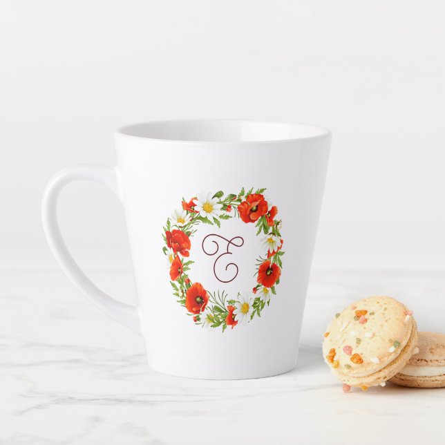 Cute Red Poppy White Yellow Daisy Flowers Wreath Latte Mug (In Situ)