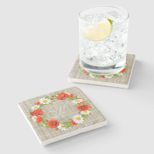Cute Red Poppy White Yellow Daisy Flowers Wreath Stone Coaster