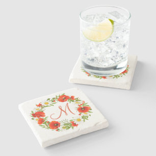 Cute Red Poppy White Yellow Daisy Flowers Wreath Stone Coaster