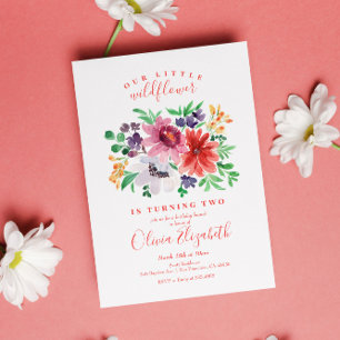 Cute Red Purple Little Wildflower Birthday Invitation