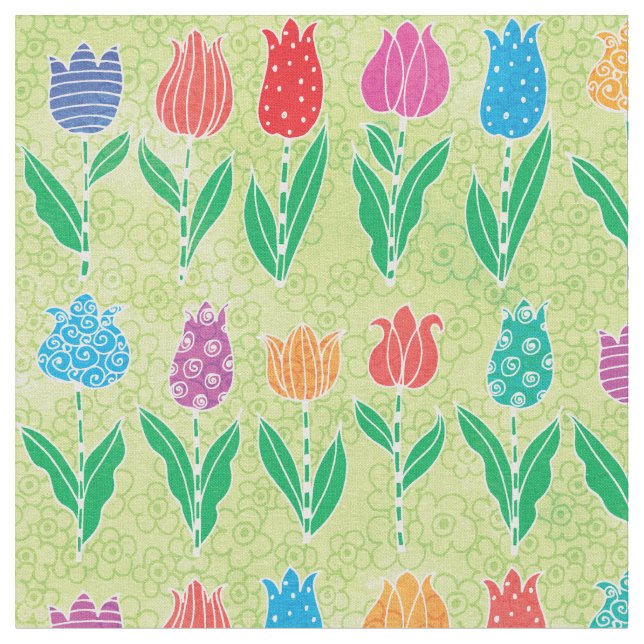 Cute Red Purple Turquoise Tulip Floral Pattern Fabric (Close Up)