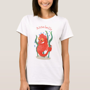 Cute red pygmy seahorse cartoon illustration T-Shirt