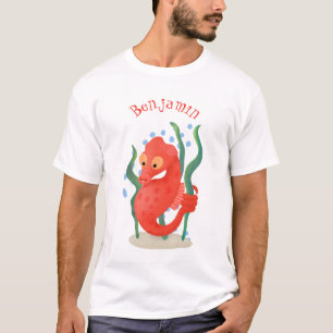 Cute red pygmy seahorse cartoon illustration T-Shirt