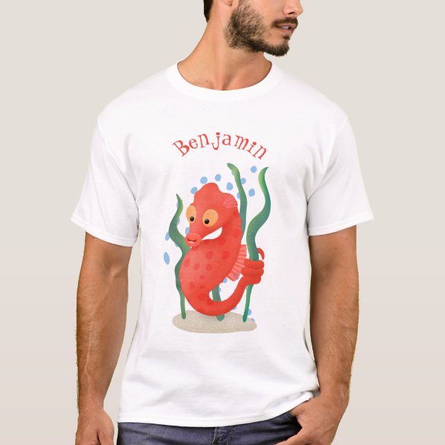 Cute red pygmy seahorse cartoon illustration T-Shirt (Front)