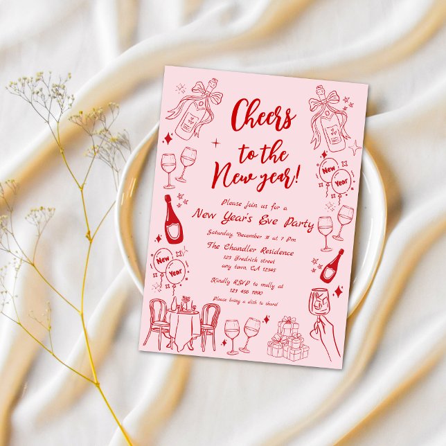 Cute red quirky new year's Eve party doodle  Invitation (Creator Uploaded)