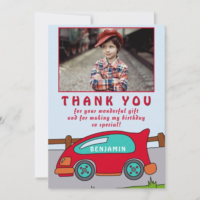 Cute Red Race Car Birthday Thank you Photo Card (Front)