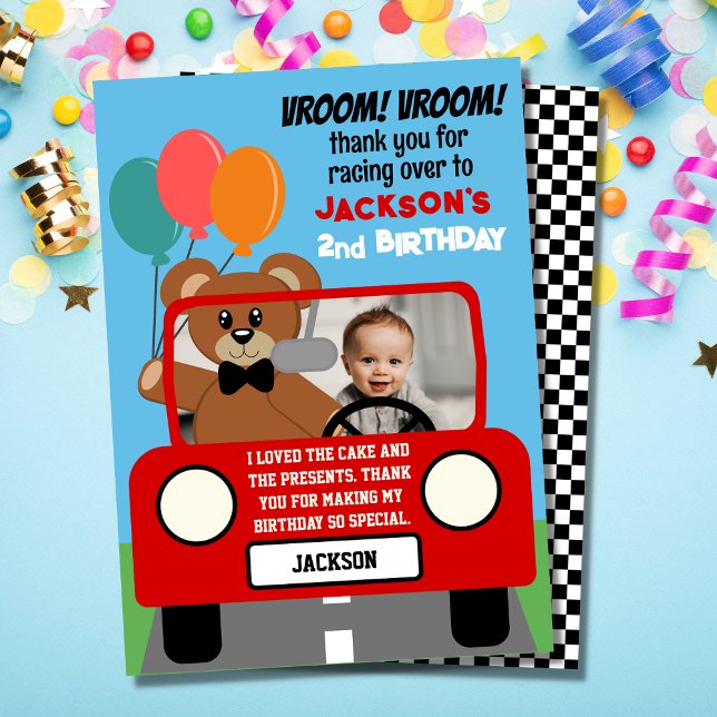 Cute Red Race Car Kids Birthday Photo Thank You Card (Creator Uploaded)