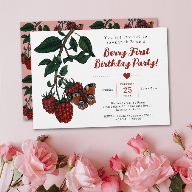 Cute Red Raspberry Berry First Birthday Party Invitation (Berry first birthday party invitations with a beautiful illustration of a butterfly on a raspberry)