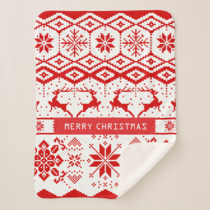 Cute Red Reindeer And Snowflakes Sherpa Blanket