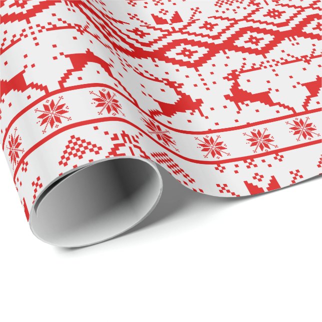 Cute Red Reindeer And Snowflakes Wrapping Paper (Roll Corner)