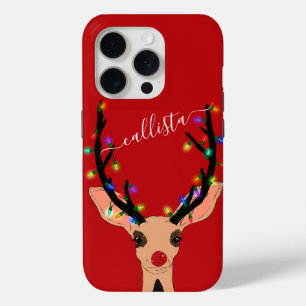 Cute Red Reindeer Deer Glowing Christmas Lights iPhone 15 Pro Case