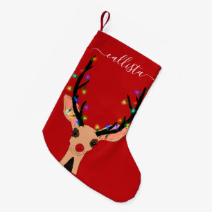 Cute Red Reindeer Deer Glowing Christmas Lights Small Christmas Stocking