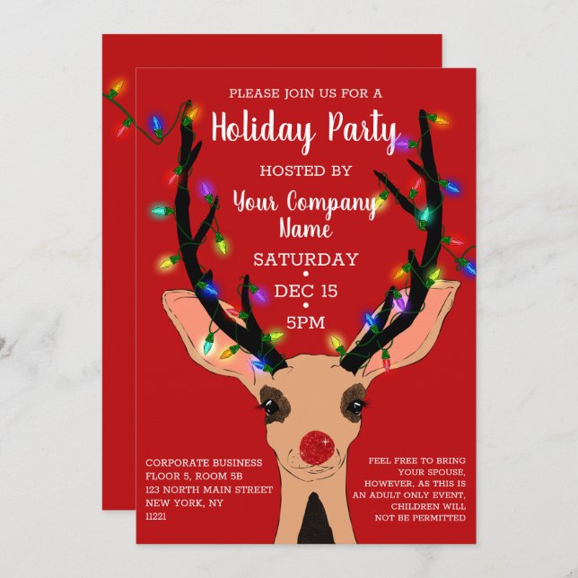 Cute Red Reindeer Glowing Lights Corporate Holiday Invitation (Front/Back)