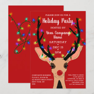 Cute Red Reindeer Glowing Lights Corporate Holiday Invitation