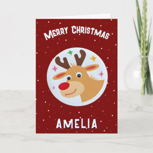 Cute Red Reindeer Kid`s Name Merry Christmas Card
