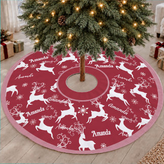 Cute Red Repeating Name Reindeer Christmas Brushed Polyester Tree Skirt