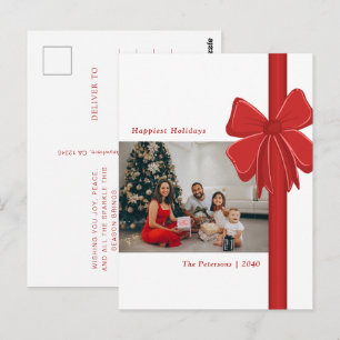 Cute Red Ribbon Bow Wrapped Photo Christmas Postcard