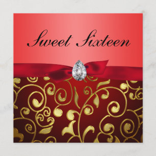 Cute Red Ribbon Gold Floral Pattern Sweet Sixteen Invitation