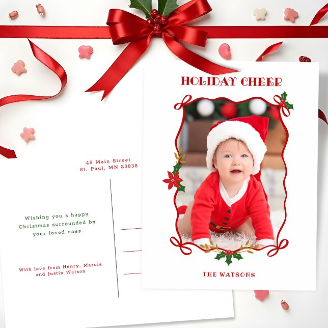 Cute Red Ribbons and Bows 1 Photo Holiday Postcard (Creator Uploaded)