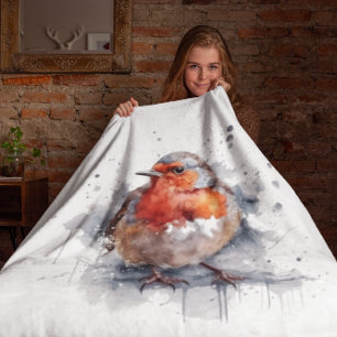 Cute Red Robin in watercolor, customisable Fleece Blanket