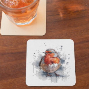 Cute Red Robin in watercolor Glass Coaster