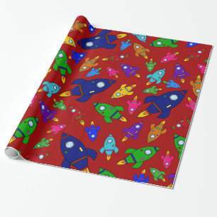 Cute red rocket ships pattern wrapping paper