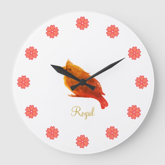 Cute Red Royal Bird & Flowers Large Clock (Front)