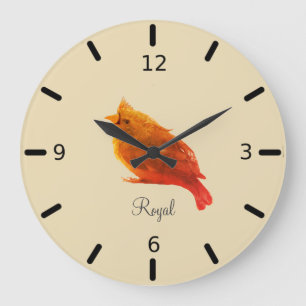 Cute Red Royal Bird on Champagne Beige Large Clock