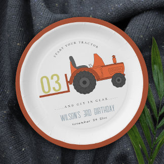 Cute Red Rust Farm Tractor Kids Any Age Birthday Paper Plate