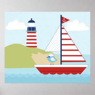 Cute Red Sail Boat and Lighthouse Poster