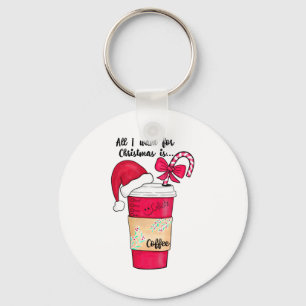 Cute Red Santa Hat Coffee Candy Cane Christmas Key Ring