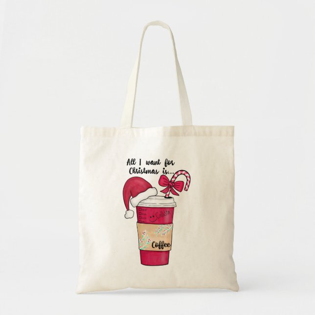 Cute Red Santa Hat Coffee Candy Cane Christmas Tote Bag (Front)