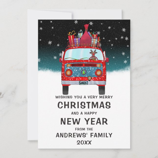 Cute Red Santa Van Reindeer Dog Snow Christmas Holiday Card (Front)