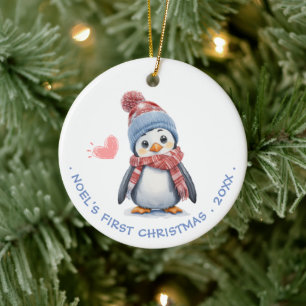 Cute Red Scarf Penguin   Baby's First Christmas Ceramic Ornament