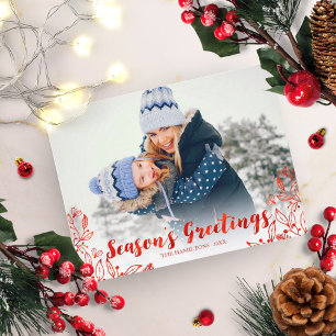 Cute Red Script Photo Winter Foliage Christmas Postcard