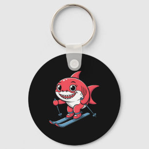 Cute Red Shark On Skis Alpine Winter Cartoon Key Ring