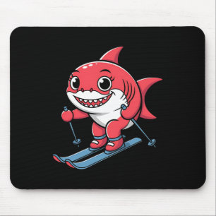 Cute Red Shark On Skis Alpine Winter Cartoon Mouse Pad