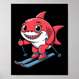 Cute Red Shark On Skis Alpine Winter Cartoon Poster