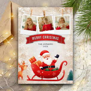 Cute Red Sleigh Santa Claus Photo Christmas Holiday Card
